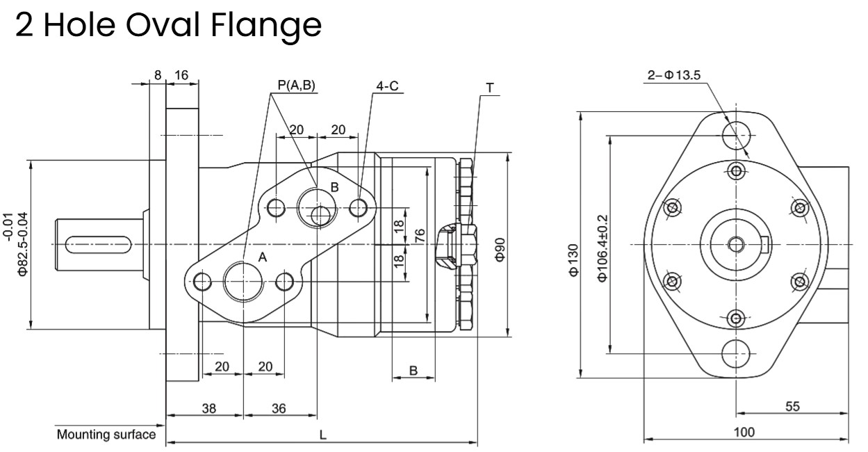 Flowfit Hydraulic Motor 51,2 cc/rev 32mm Parallel Keyed Shaft, 2 Hole Mount, High Pressure Seal