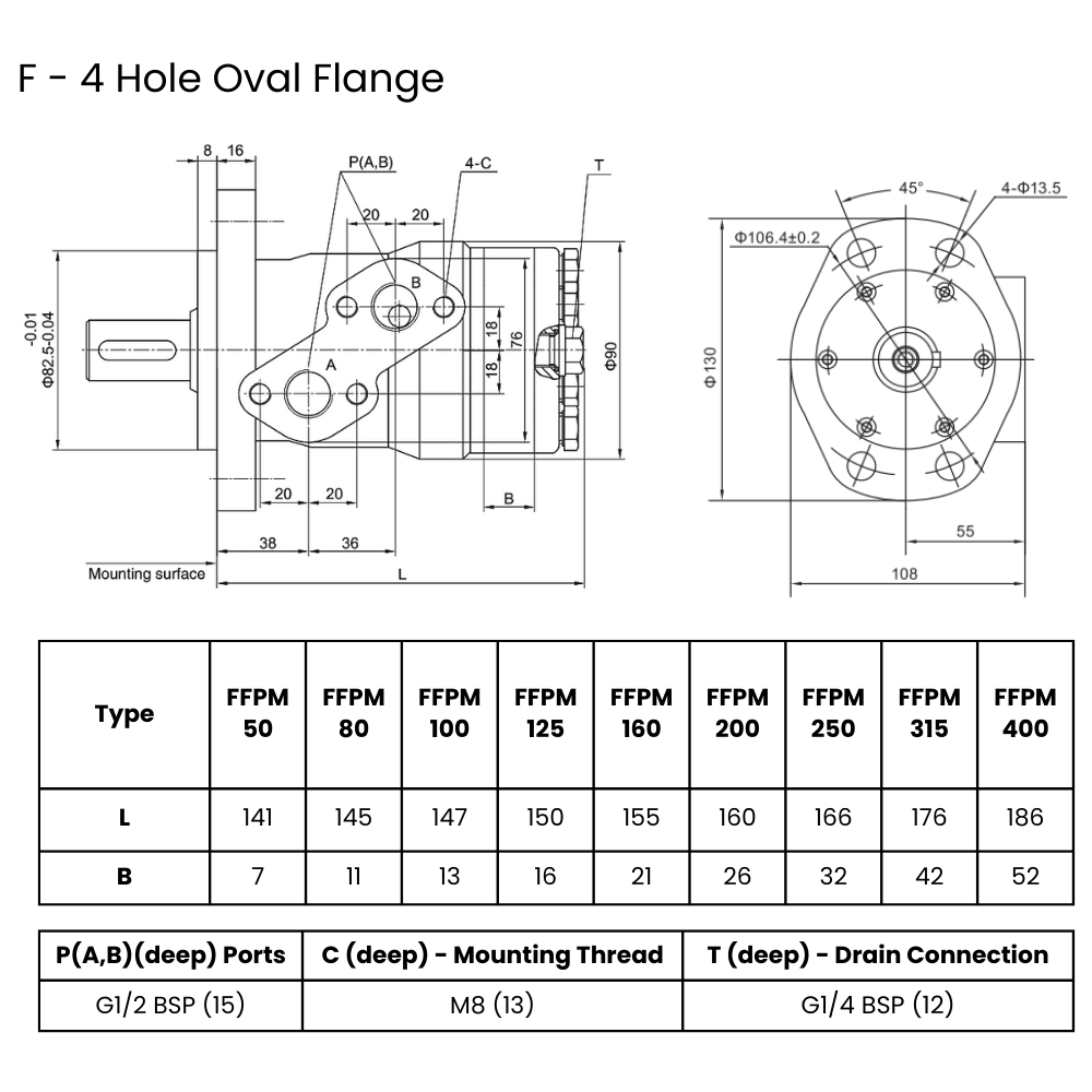 50CC, 4 Bolt Mount, 32mm Parallel Keyed Shaft, Low Speed High Torque Hydraulic Motor 50CC, 4 Bolt Mount, 32mm Parallel Keyed Shaft, Low Speed High Torque Hydraulic Motor