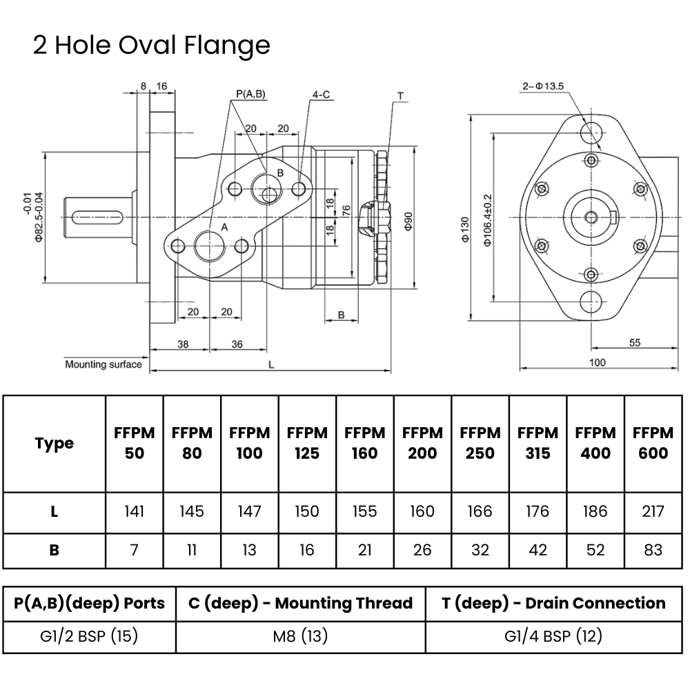 50CC, 2 Bolt Mount, 32mm Parallel Keyed Shaft, Low Speed High Torque Hydraulic Motor 50CC, 2 Bolt Mount, 32mm Parallel Keyed Shaft, Low Speed High Torque Hydraulic Motor