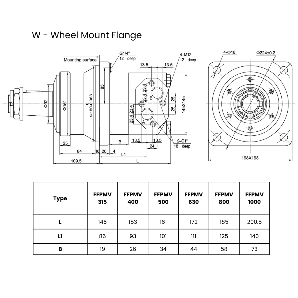 400CC, Wheel Mount, 60mm Tapered 1:10 Conical Shaft Parallel Key, Low Speed High Torque Hydraulic Motor 400CC, Wheel Mount, 60mm Tapered 1:10 Conical Shaft Parallel Key, Low Speed High Torque Hydraulic Motor