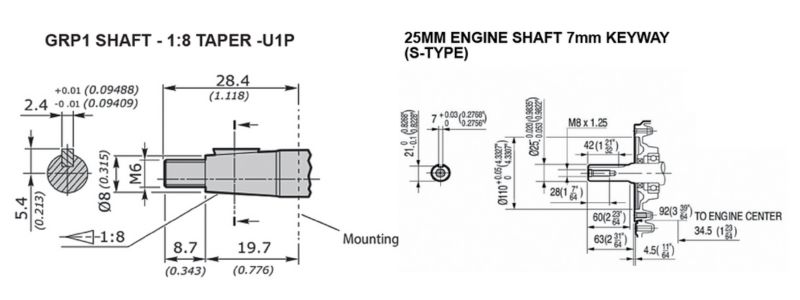 OMT Drive Coupling, Group 1 Gear Pump 1:8 Tapered, 25mm Engine Shaft 7mm Key