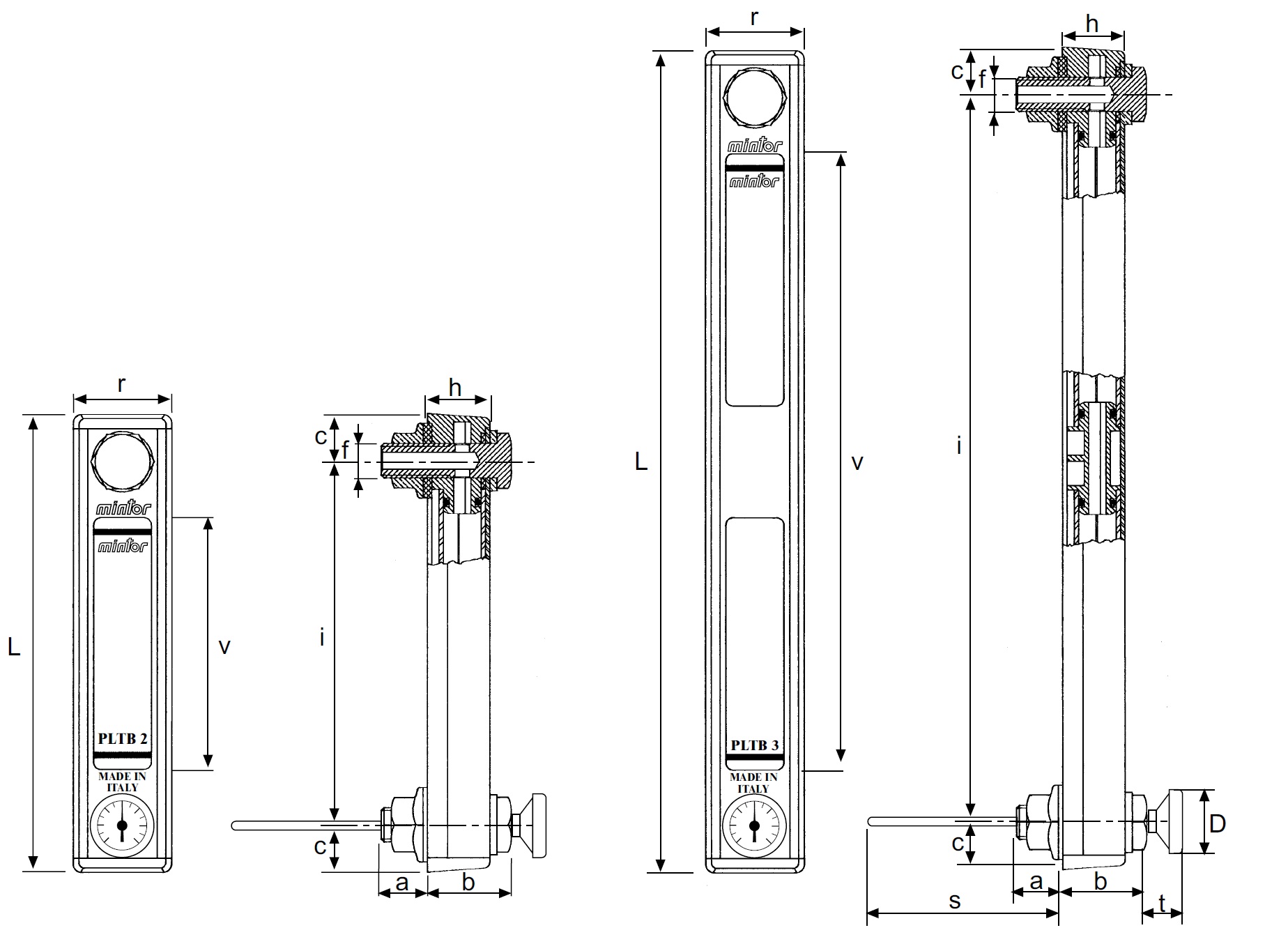 Vertical level indicator with bimetallic thermometer, M10, Length 109mm