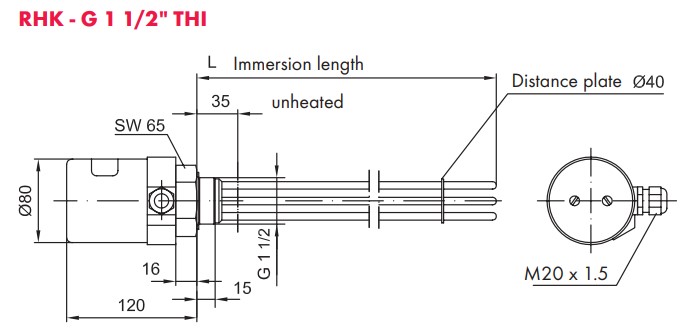Single Phase, Hydraulic RHK-Tube Screwed-In heaters with internal temperature adjustment, 380 watt, 240V, 200mm