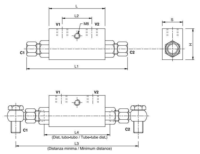 Hydraulic Double Pilot Operated Check Valve 1/4 BSP x10 mm pipe mounting (DIN 2353), VBPDE 1/4 L 2 CEXC-10L