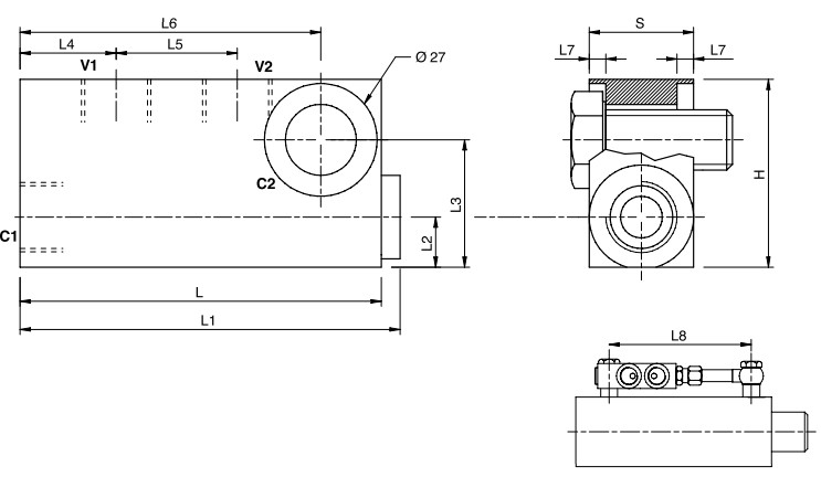 Hydraulic Compact Double Pilot Operated Check Valve, VBPDE 1/4 L CMP/FLV