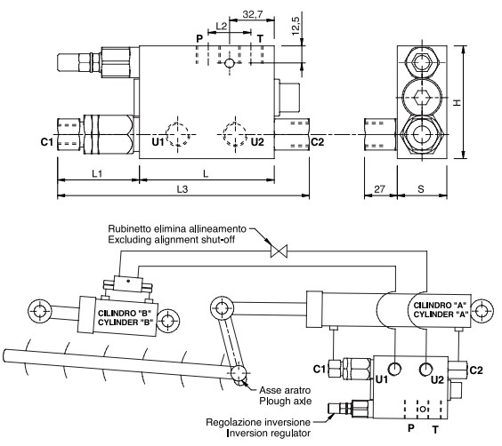 Hydraulic Double Acting Plough Overturning Valve 3/8x12L With Alignment, VRAP 80/100 SS