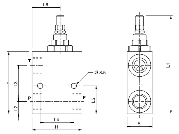 Flowfit In line mounting relief valve 3/4 50-400BAR, max flow 120l/min, Standard