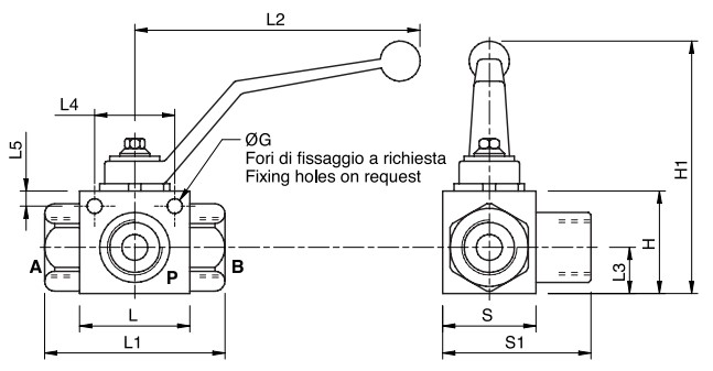 Hydraulic 3 Way Ball Valve with fixing holes, BSP Ports, RS 3 VIE, 3/8