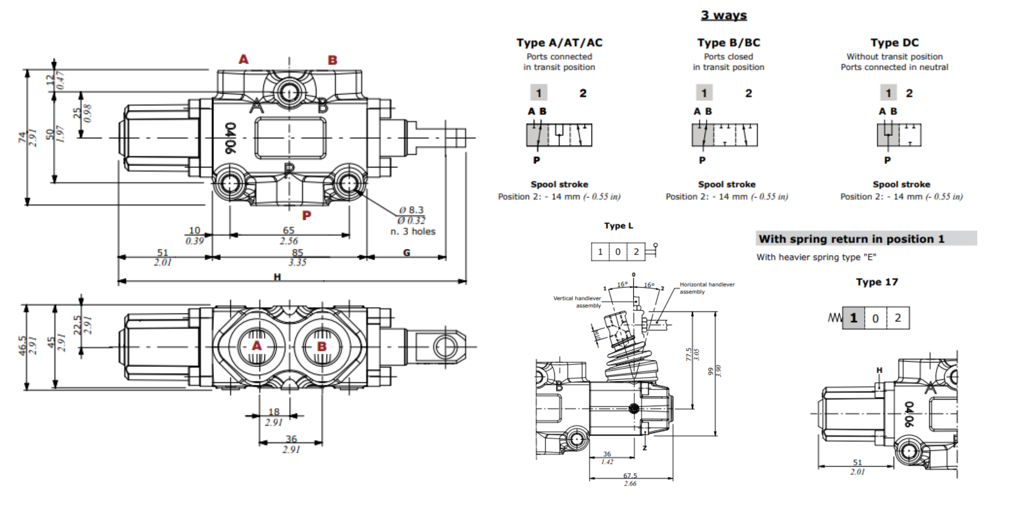 Walvoil, DF10/3A17L, 3 Way, 1/2, Open Centre, Spring Return, Lever Control, Manual Spool Diverter Valve Festive Deal
