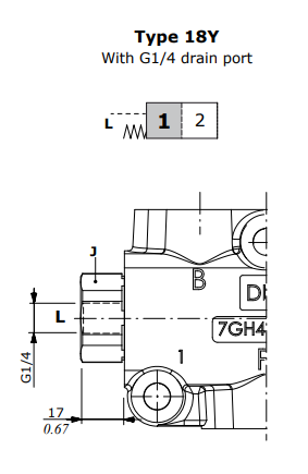 Walvoil DFE20, Spring return in position 1, with G1/4 drain port