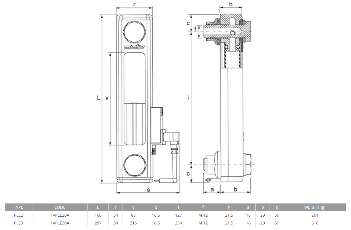 Hydraulic vertical level indicator with electric contact, Length 127mm PLE2