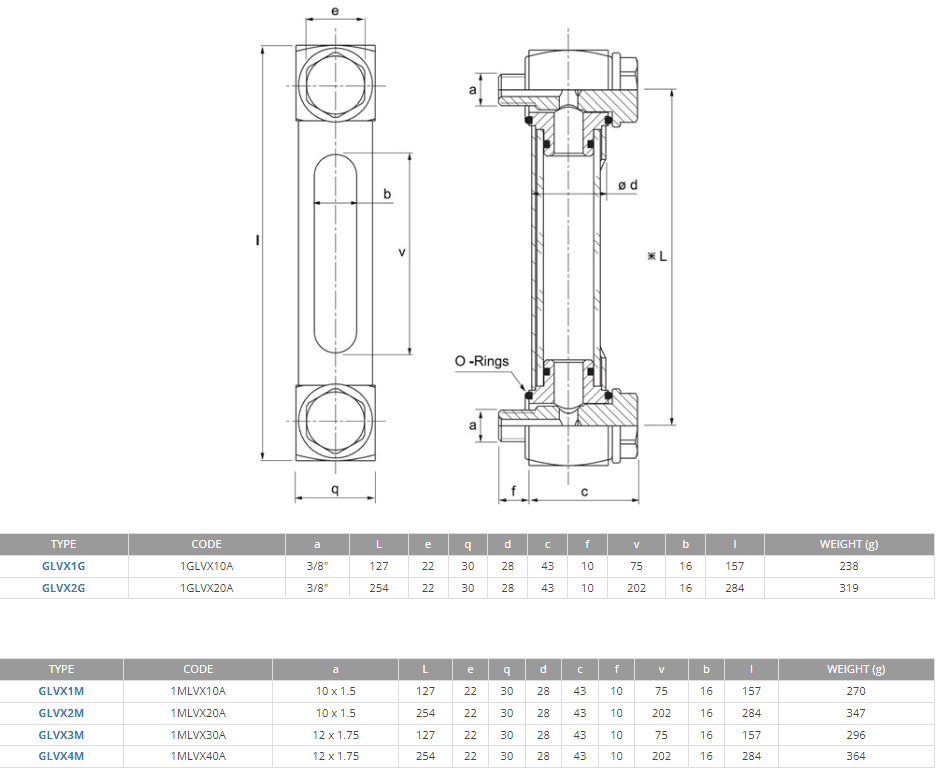 Hydraulic vertical level indicator with double thread, with pyrex glass and protection, 3/8 BSP, L=127, GLVX1G