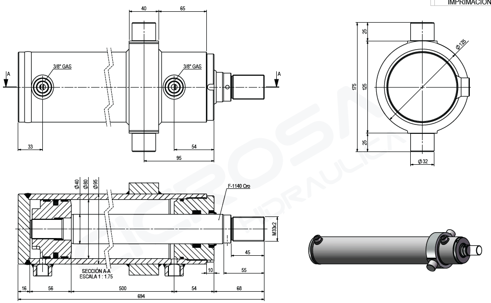 Double Acting Cylinder 60mm Bore, 30mm Rod, 500mm Stroke With Trunnion