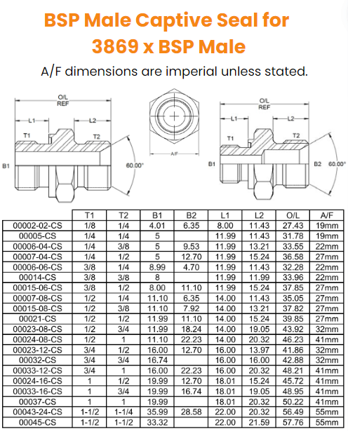 BSP Male Captive Seal for 3869 x BSP Male Complete with Seal, 1/8 BSP (CS) x 1/4 BSP Hydraulic Adaptor