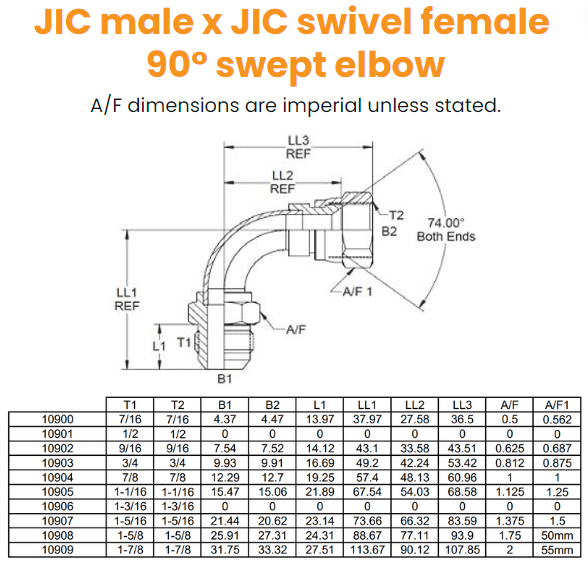 7/16 JIC M/F 90° Swept Hydraulic Adaptor