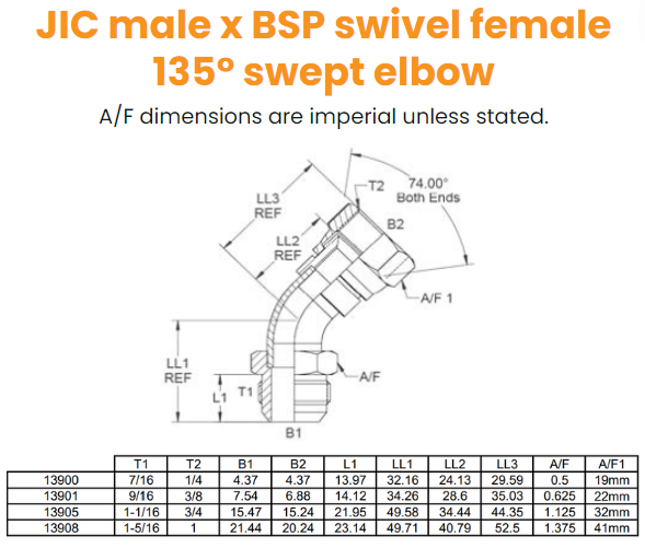 7/16 JIC x 1/4 BSP M/F 135° Swept Hydraulic Adaptor