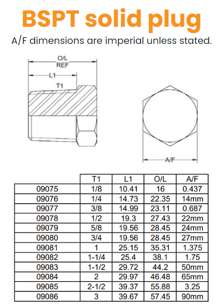 1/8 BSPT Solid Plug Hydraulic Adaptor