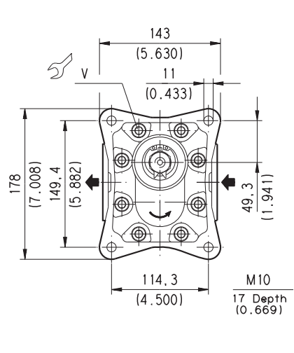Casappa Cast Iron Hydraulic Gear Motor, Group 3, 43cc, Anti-Clockwise, 1:8 Tapered Shaft, 4 Bolt European Flange, Elbow Ports