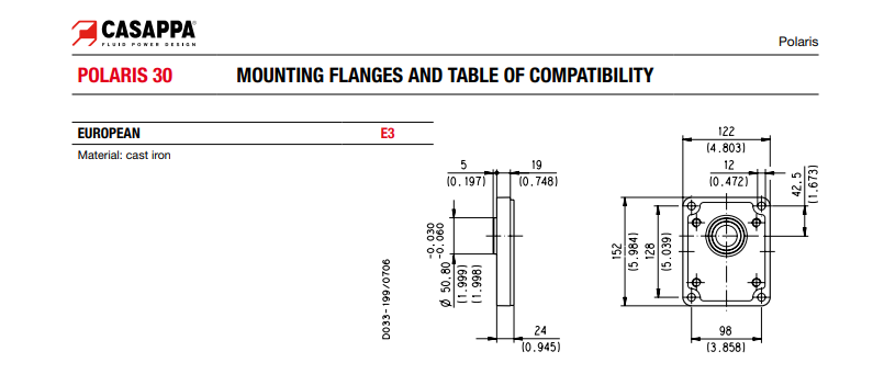 Casappa Polaris Hydraulic Gear Pump, Group 3, 34cc, Clockwise, 1:8 Shaft, 4 Bolt European Flange, Elbow Ports