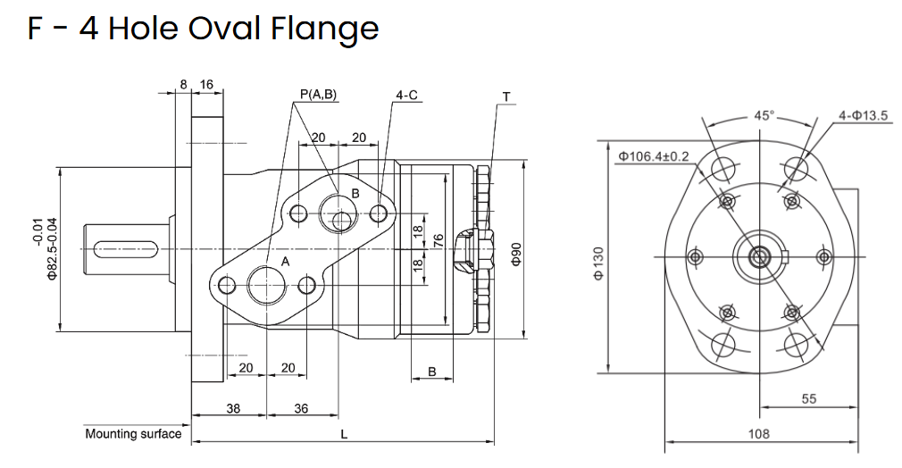 Flowfit Hydraulic Motor 51,2 cc/rev, 32mm Shaft, 4 Hole Magneto Mount, High Pressure Seal