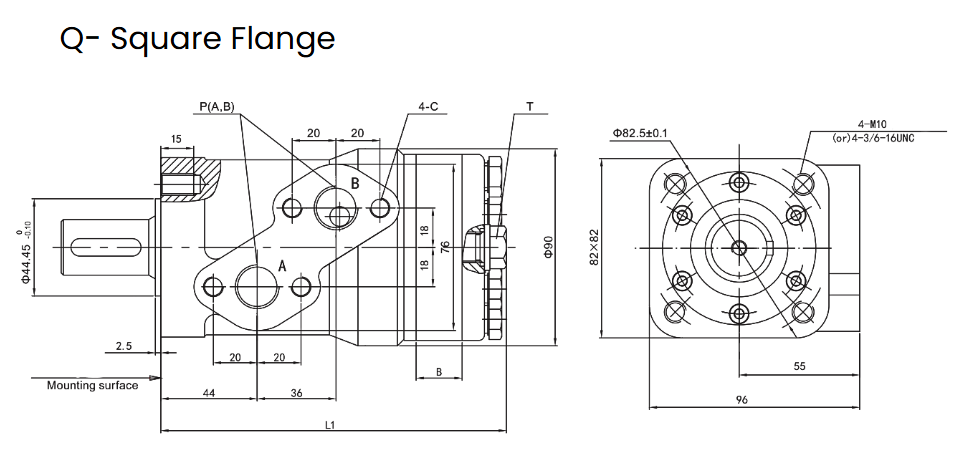 Flowfit Hydraulic Motor 51,2 cc/rev 25mm Parallel Keyed Shaft, 4 Hole Square Mount, High Pressure Seal