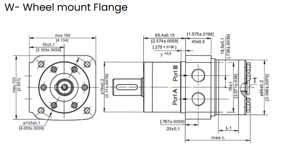 Flowfit Hydraulic Motor 78,8 cc/rev, Wheel Mount, 25mm Parallel Keyed Shaft, High Pressure Seal