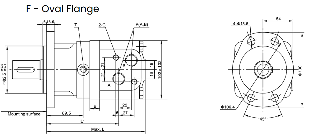 Flowfit Hydraulic Motor 99,8 cc/rev Magneto Mounting Flange 32mm Parallel Keyed Shaft