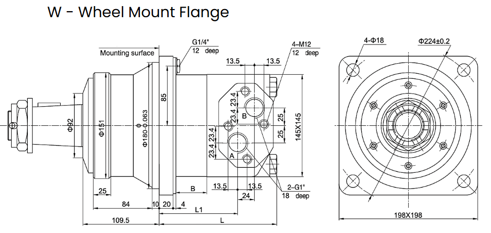 Hydraulic motor 399,7 cc/rev 4-hole, 60mm Tapered Shaft, 1:10 Wheel Mount