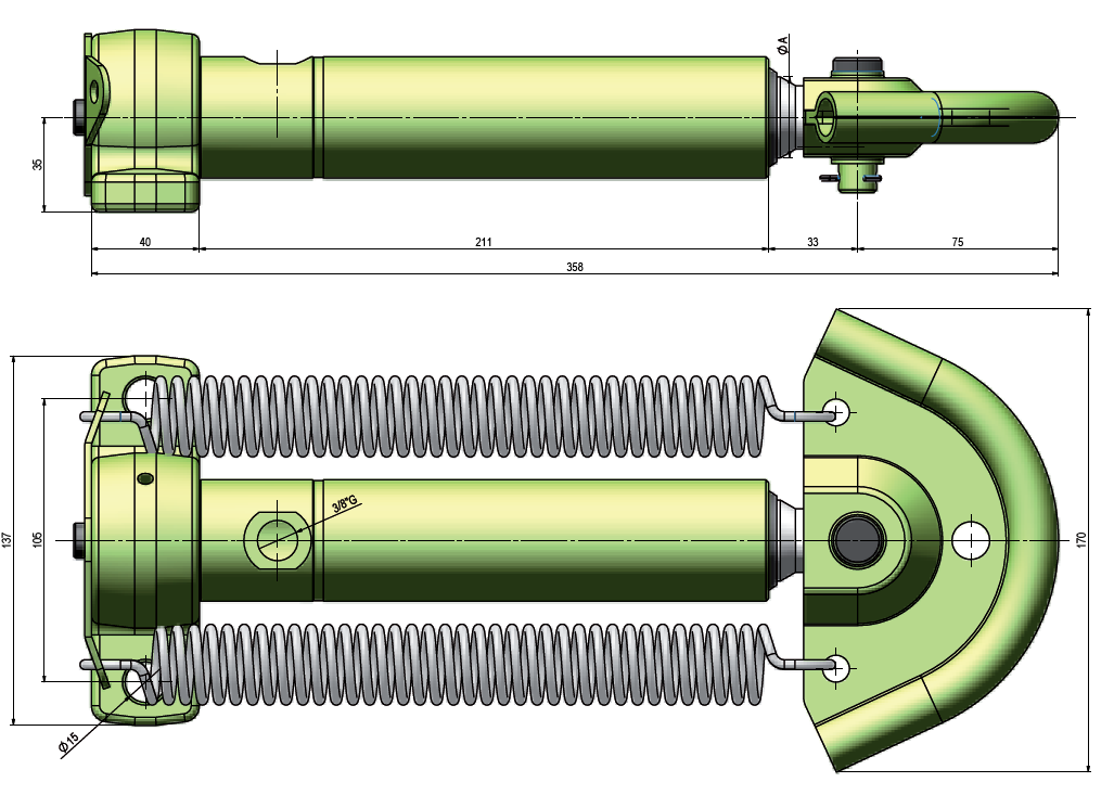 Hydraulic S/Acting Brake ram 25/30/35Rod 110Stroke Palonnier Type, External Springs