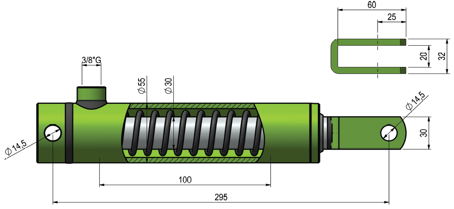 Hydraulic Single Acting Brake Cylinder/Ram, 30mm Rod, 100mm Stroke, 295mm Closed, Female Clevis, Ø14.5mm Pins