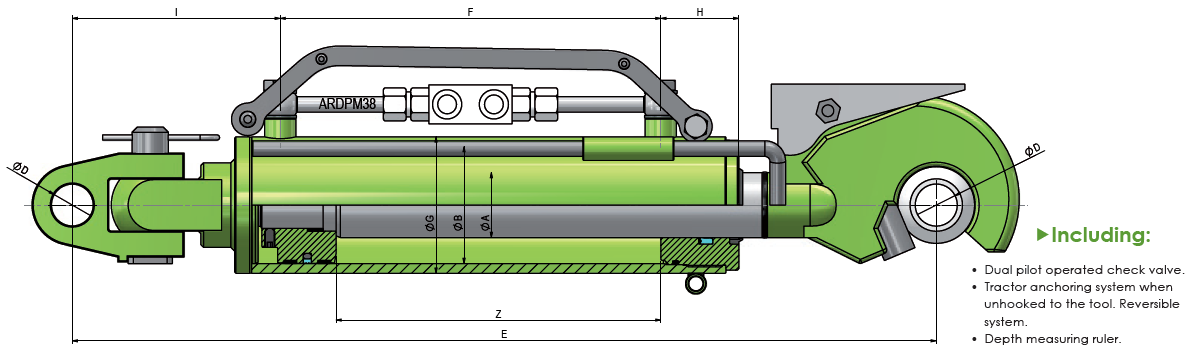 Top Link Automatic Hitch c/w Anchor system & measuring ruler 90Bore 50Rod 250Stroke 665Closed 850BSP Ø32mm Pins