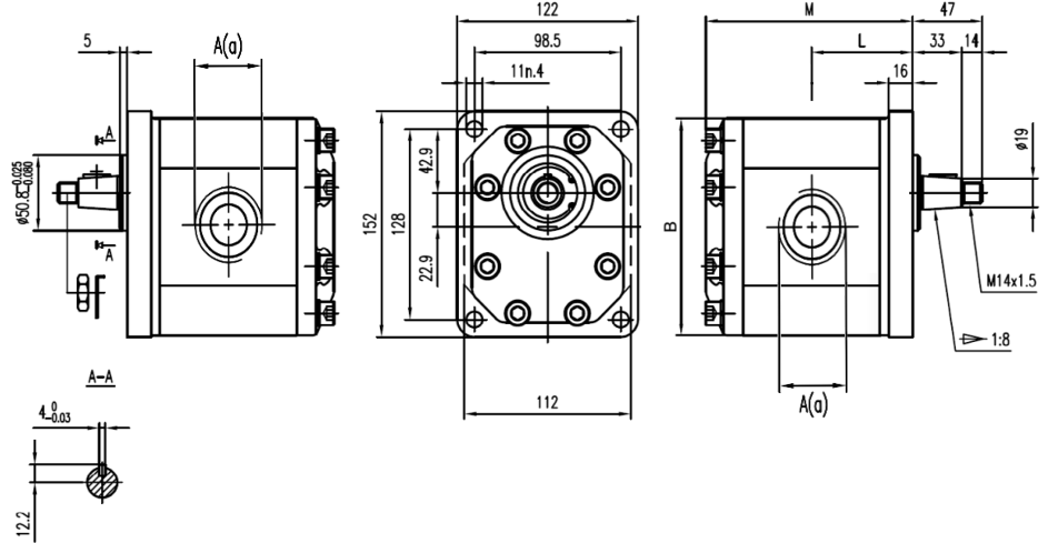 Flowfit Hydraulic Gear Pump, Group 3, Clockwise 25CC, 1 Inlet & 3/4 Outlet BSP Ports, 4 Bolt EU Flange
