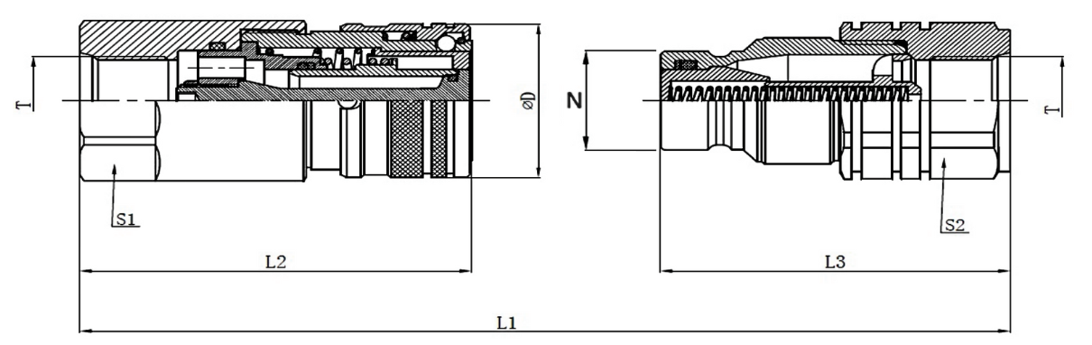 Hydraulic flat face quick release couplings set 3/8 BSP, DN06, ISO 10, 350 Bar rated, 23 L/min. Including Female and male caps