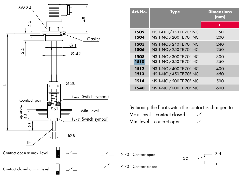 Electric Floating Level Gauge, 350mm NS 1-NO/350 TE 70° NC