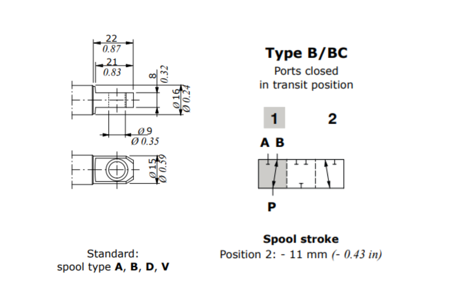 Walvoil Spool B DF5/3 - Flow in B in pos. 1. Ports closed in transit position