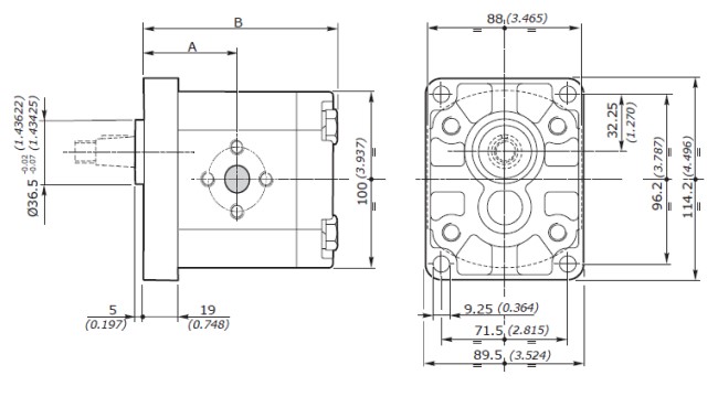 Galtech Hydraulic Gear Pump, Gp2, 4.0CC, Clockwise, 30mm Inlet & 30mm Outlet Flanged Ports, EU 4Bolt 1/8 Taper