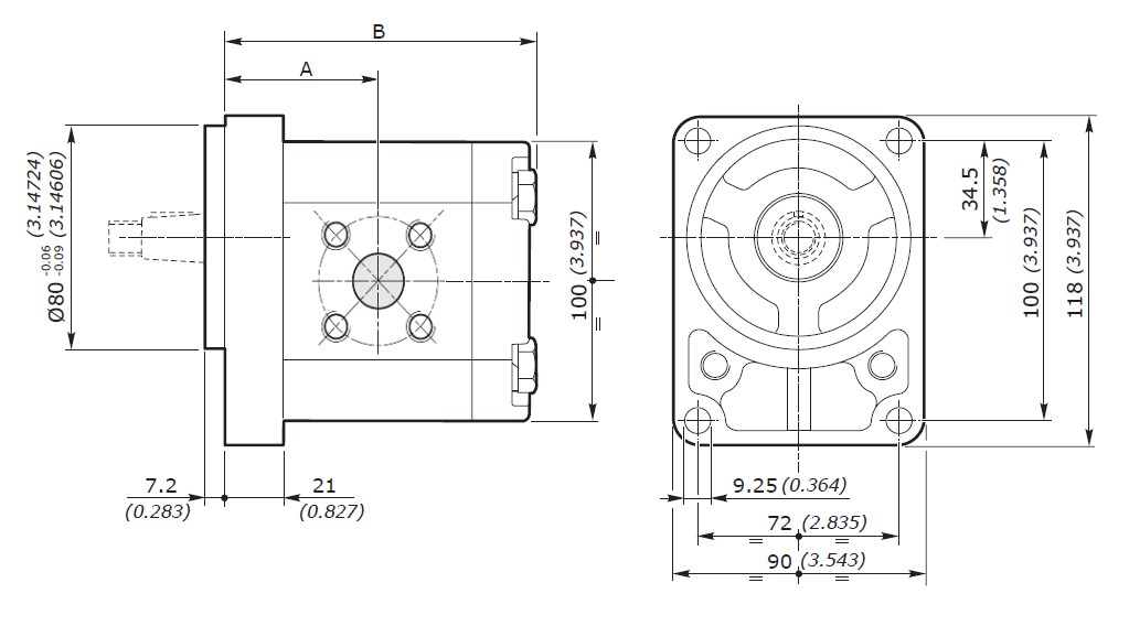 Galtech Hydraulic Gear Pump, Gp2, 4.0CC, Clockwise, 40mm Inlet & 35mm Outlet Flanged Ports, B80 4Bolt 1/5 Taper