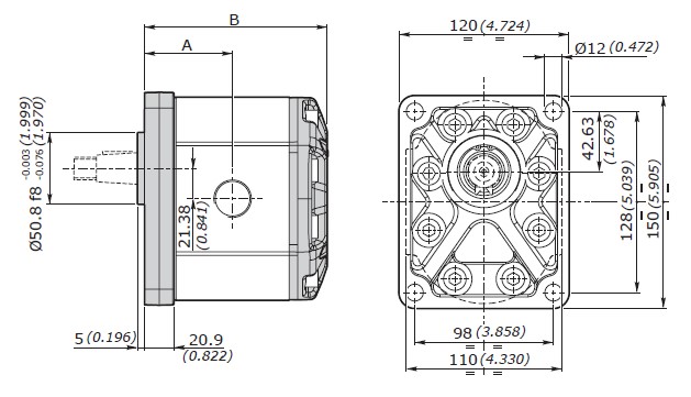 Galtech Hydraulic Gear Pump, Gp3, 19.3CC, Clockwise, 1" BSP Inlet, 3/4" BSP Outlet, EU 4Bolt 1/8 Taper