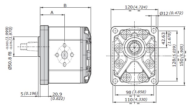 Galtech Hydraulic Gear Pump, Gp3, 19.3CC, Clockwise, 51mm Inlet & 40mm Outlet Flanged Ports, EU 4Bolt 1/8 Taper