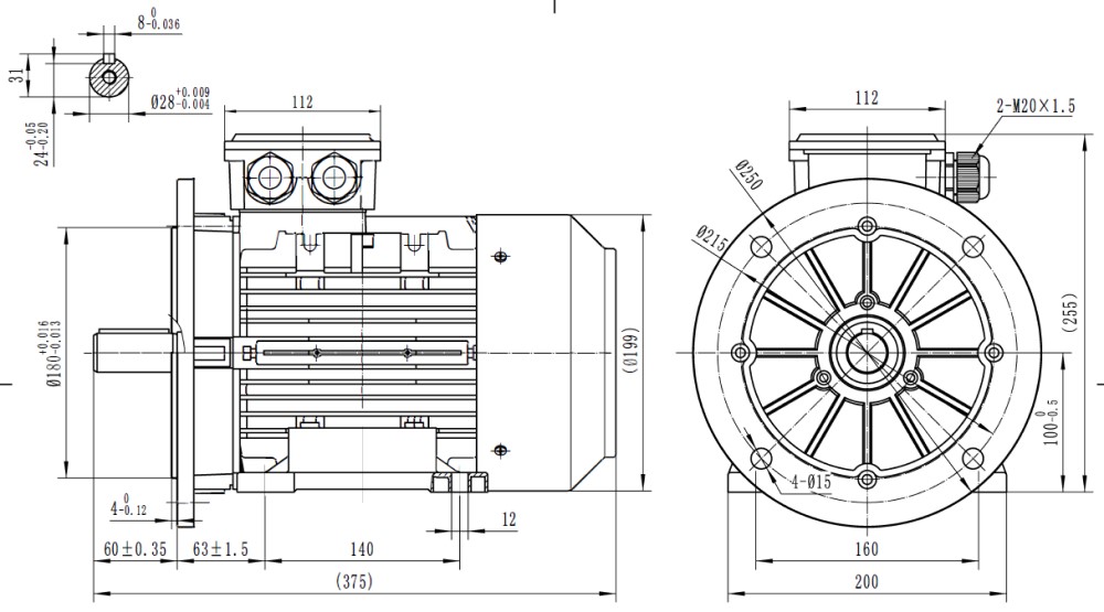 Three Phase 400v Electric Motor, 2.2Kw 4 pole 1450rpm with flange and foot mount IE3