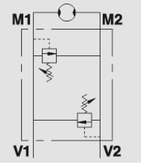 Dual Cross Relief Valve Flangeable On Danfoss Motors OMP/OMR By Screws, VAU 1/2" OM WSC, 50-200 Bar Dual Cross Relief Valve Flangeable On Danfoss Motors OMP/OMR By Screws, VAU 1/2" OM WSC, 50-200 Bar