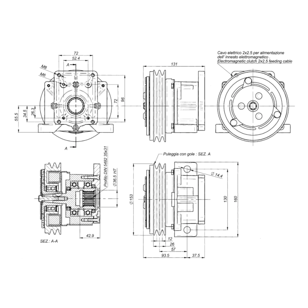 Borelli 12V DC 100 Nm Hydraulic Electromagnetic Clutch with V-Belt Pulley – Group 1 & 2 Flange