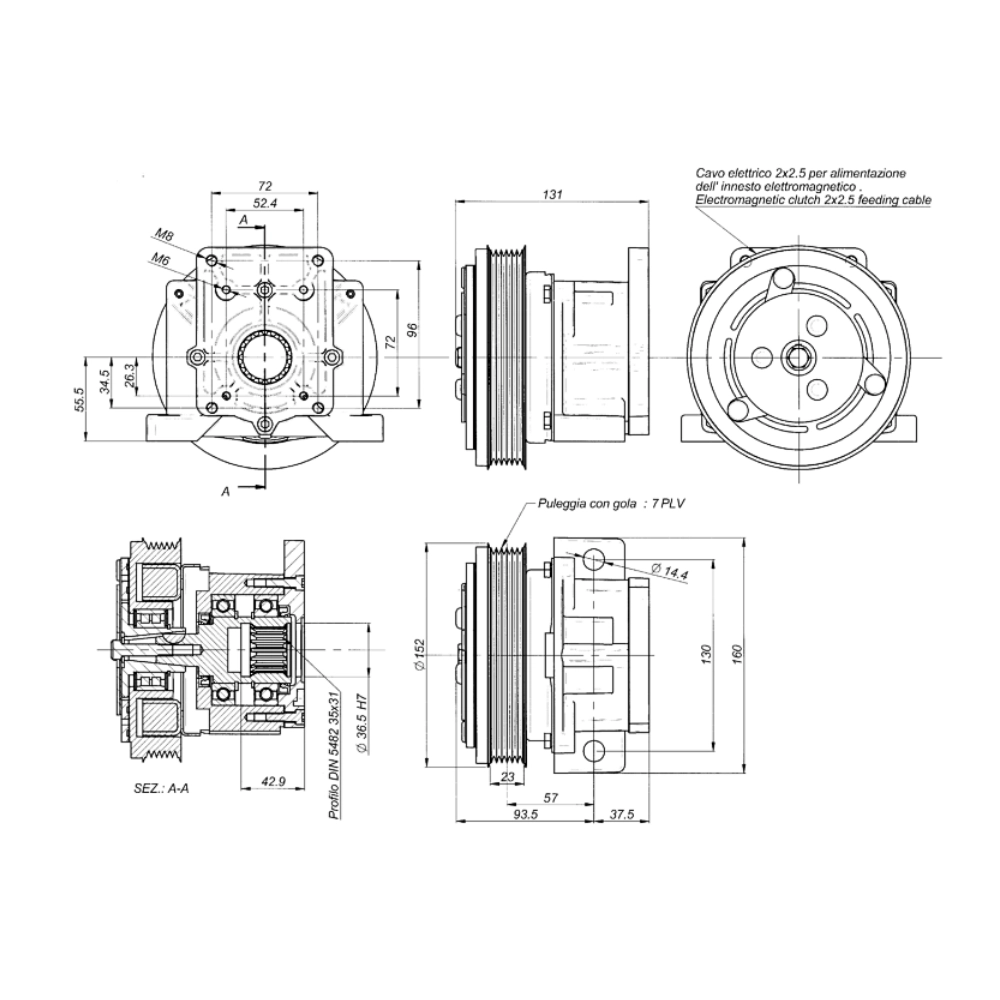 Borelli 12V DC 140 Nm Hydraulic Electromagnetic Clutch with 7 Ribbed Pulley – Group 1 & 2 Flange