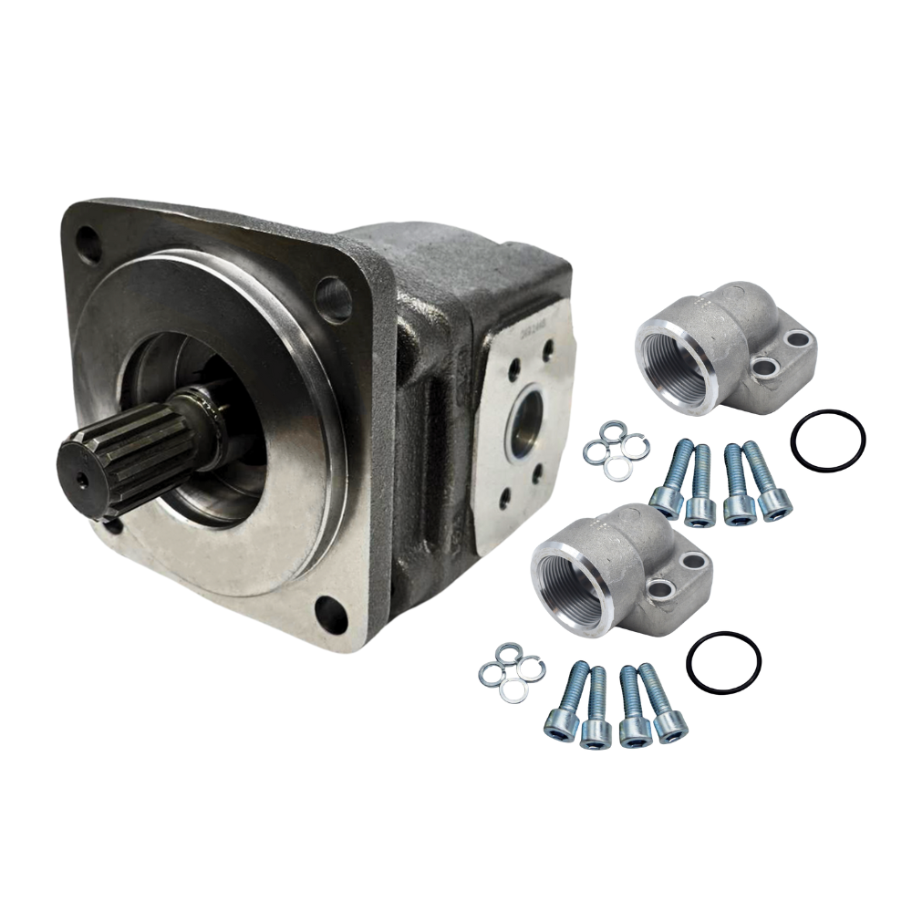 Walvoil Hydraulic Group 3, 52CC, Clockwise, Cast Iron Gear Pump Complete With Elbow Port Connectors 1-1/2" BSP &  1" BSP