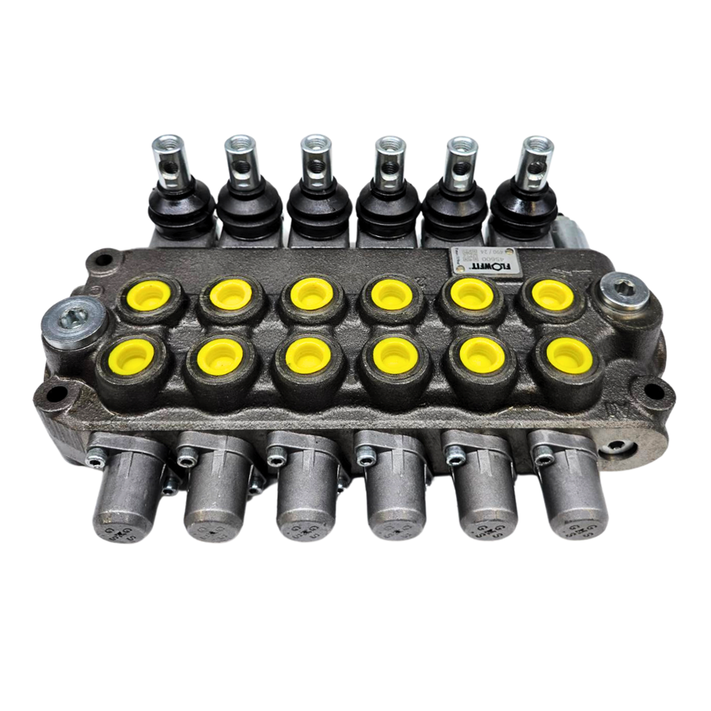 Flowfit 6 Bank Monoblock Valve, 3/8 BSP, 45 L/Min Double Acting Cylinder Spool 3 Positions