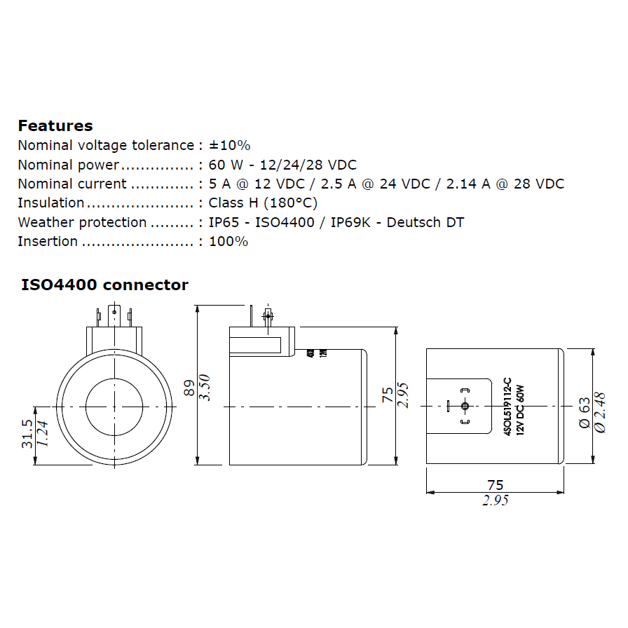 Walvoil Coil D19C 12 VDC-60W-H To Suit DFE102