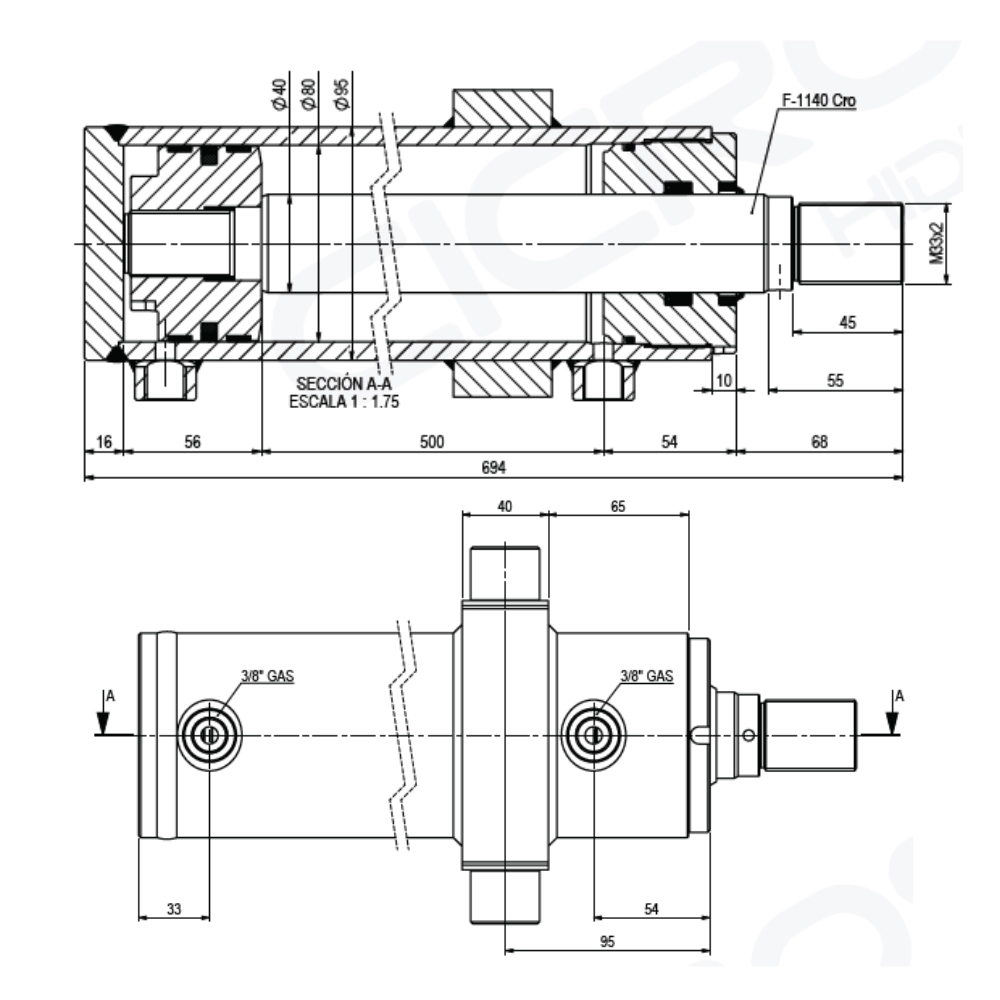 Double Acting Cylinder 60mm Bore, 30mm Rod, 500mm Stroke With Trunnion