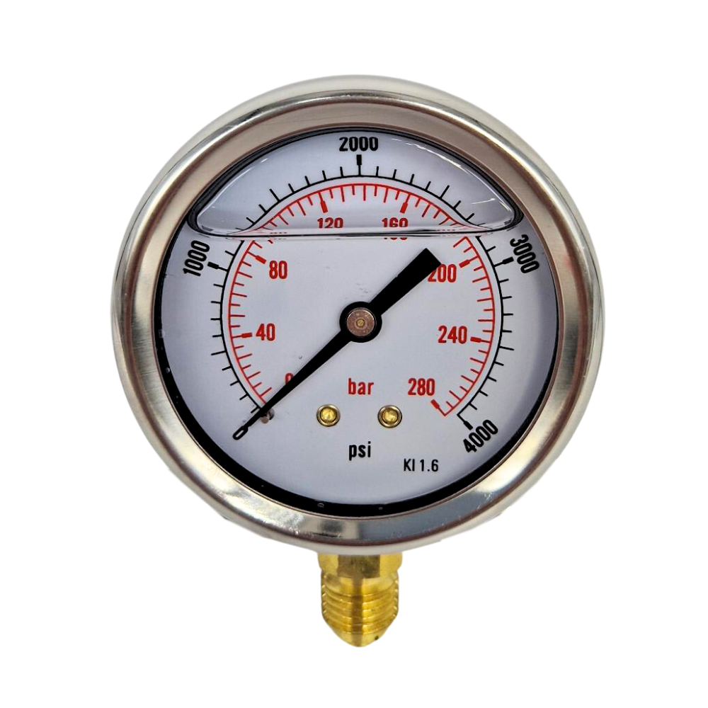63mm Glycerine Filled Hydraulic Pressure Gauge, 0-4000 PSI (275 Bar), 1/4" BSPP, Base Entry 63mm Glycerine Filled Hydraulic Pressure Gauge, 0-4000 PSI (275 Bar), 1/4" BSPP, Base Entry