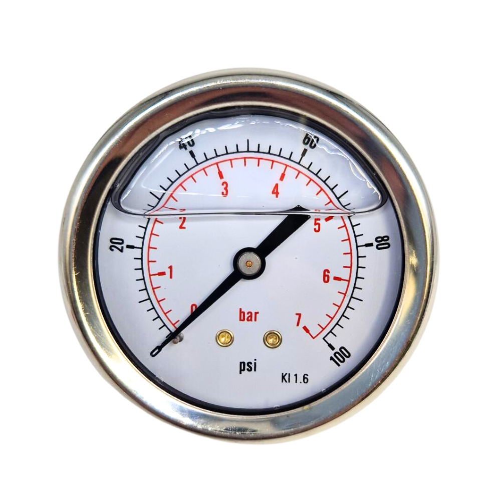 63mm Glycerine Filled Hydraulic Pressure Gauge, 0-100 PSI (7 Bar), 1/4" BSPP, Rear Entry