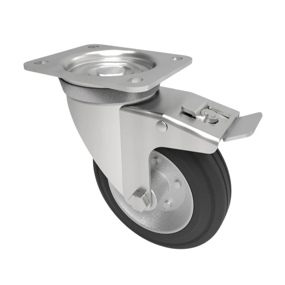 Black Rubber Pressed Steel Plate Swivel Castor Brake 160mm 160kg Load